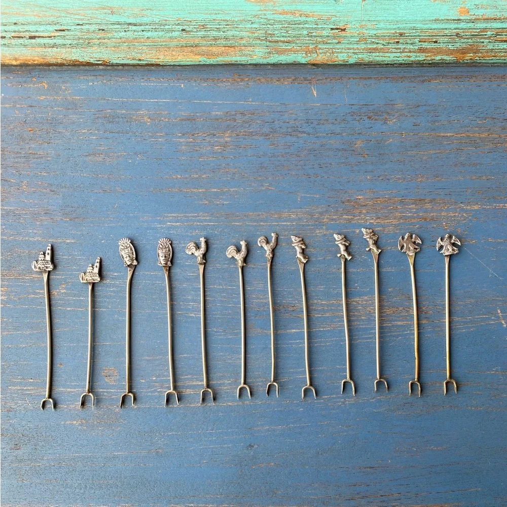 Vintage 12 Handmade Silver Themed hors d’oeuvre Serving Forks Roster Dog Ect.